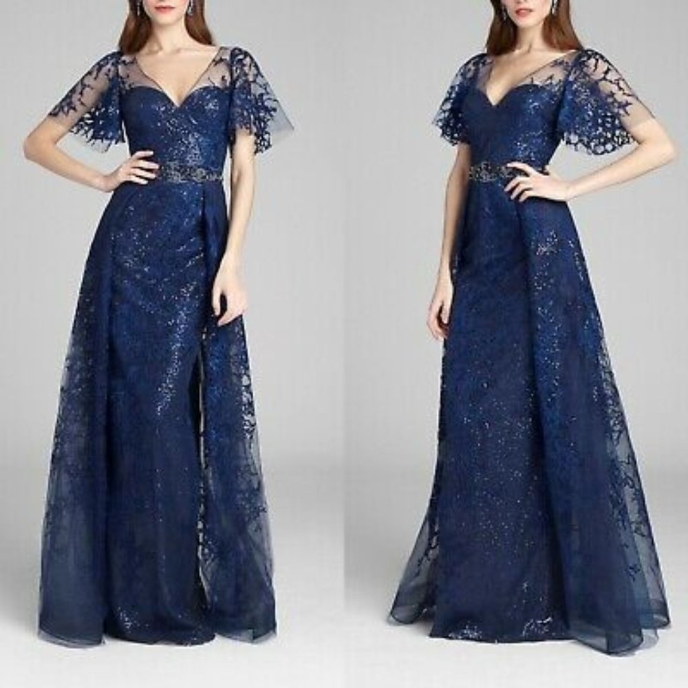 Teri Jon Rickie Freeman Tulle Applique Lace Gown